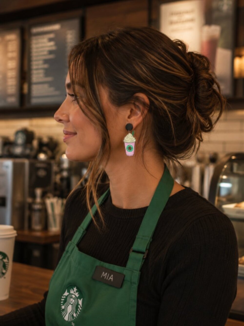 NEW Cute Pink Acrylic Starbies Frappuccino Stud Dangle Earrings